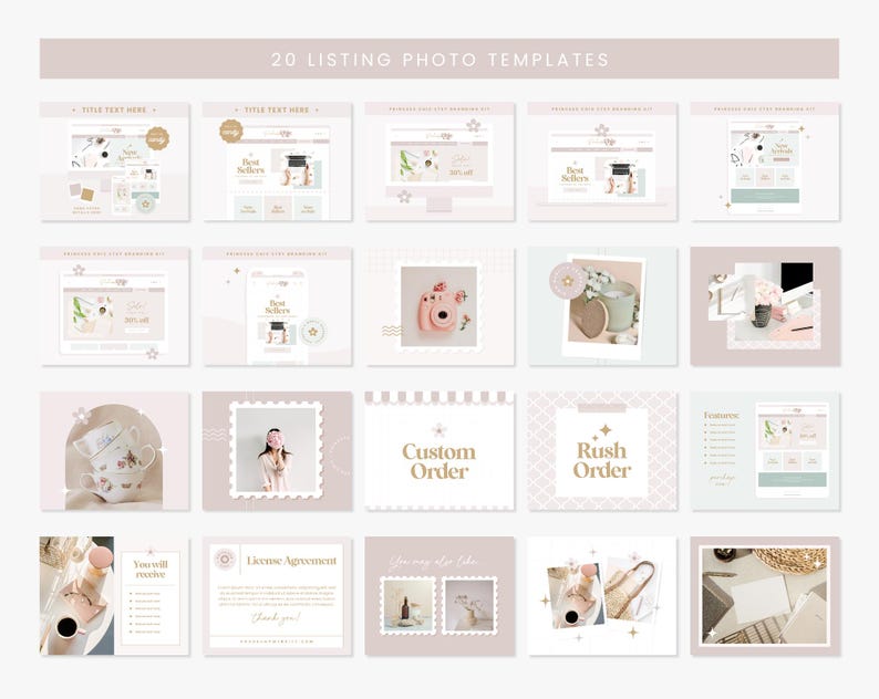 May include: A set of 20 listing photo templates in a muted colour scheme. The templates feature designs for product displays, promotional graphics, and custom order announcements. Text includes "Title Text Here", "Best Sellers", "Custom Order", and "Rush Order".