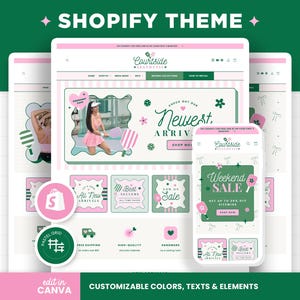 May include: A Shopify website theme template featuring a pastel pink and dark green color scheme. The layout includes a hero banner with the text Newest Arrivals, a mobile view overlay, and various square buttons labeled All New Arrivals, Best Sellers, and Now on Sale. The design incorporates icons of pickleball paddles, hearts, and flowers.