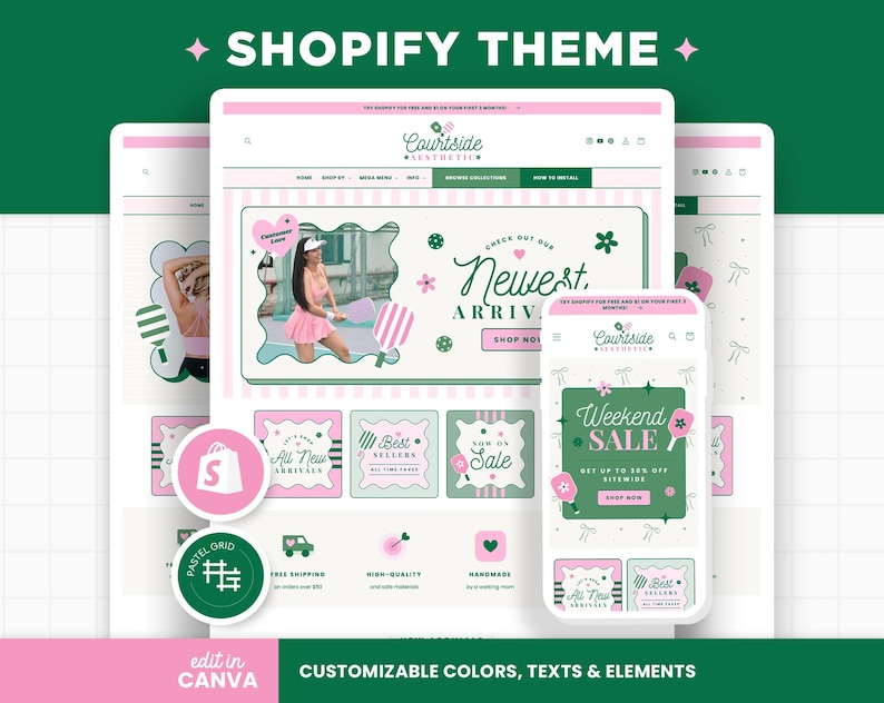 May include: A Shopify website theme template featuring a pastel pink and dark green color scheme. The layout includes a hero banner with the text Newest Arrivals, a mobile view overlay, and various square buttons labeled All New Arrivals, Best Sellers, and Now on Sale. The design incorporates icons of pickleball paddles, hearts, and flowers.