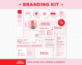 Puede incluir: Un kit de branding con paletas de colores rosa y rojo, iconos circulares con lazos, corazones y flores, tarjetas de visita, notas de agradecimiento y banners con el texto Coquette Princess, todo editable en Canva.