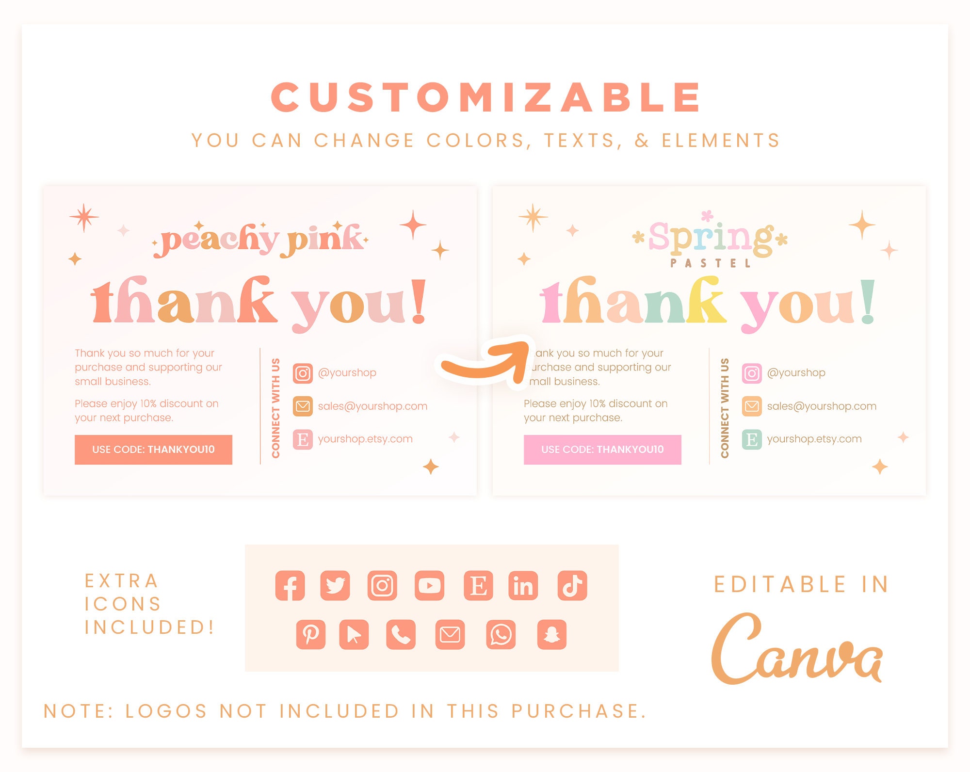 Thank You Card Template Editable in Canva, Peach Pink Colors Cute ...