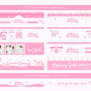 May include: Eight pink Etsy banner templates with a cherry blossom theme. The banners feature the text "Sakura Blossoms" and various promotional messages, such as "New Stuffs", "Grand Opening! Get 30% off storewide", and "Opening Sale! 30% off everything". Two pink receipt banner templates with the text "Sakura Blossoms" and "Thank You for Your Order" are also included.