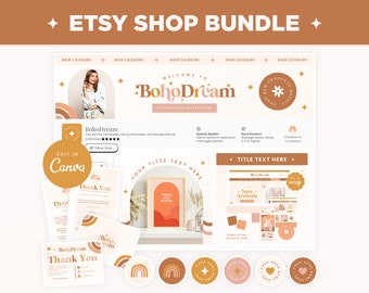 Etsy Shop Bundle - Banner Templates, Listing Photos, and Receipt Banner in Boho Dream Collection, Bright Boho Editable Etsy Kit on Canva