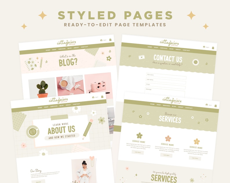 May include: A website template design with a cottagecore theme. The website has a green and white color scheme with floral illustrations. The website includes pages for a blog, about us, services, and contact us.