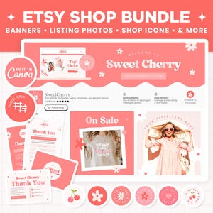 Etsy Shop Bundle - Banner Templates, Listing Photos, and Receipt Banner in Sweet Cherry Collection, Editable Canva Templates Etsy Kit - SCH
