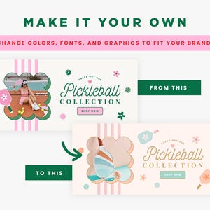 Puede incluir: Gr&aacute;fico promocional para una colecci&oacute;n de pickleball. El dise&ntilde;o presenta el texto &laquo;MAKE IT YOUR OWN&raquo; y &laquo;CHANGE COLORS, FONTS, AND GRAPHICS TO FIT YOUR BRAND!&raquo;. Muestra un dise&ntilde;o de antes y despu&eacute;s, destacando las opciones de personalizaci&oacute;n.