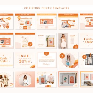May include: 20 social media templates featuring a peach, cactus, and rainbow arch designs. The templates are in a peach, orange, and white colour scheme with a white background. The templates are perfect for promoting products or services on social media.