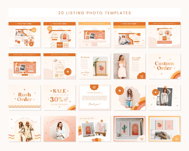 May include: 20 social media templates featuring a peach, cactus, and rainbow arch designs. The templates are in a peach, orange, and white colour scheme with a white background. The templates are perfect for promoting products or services on social media.