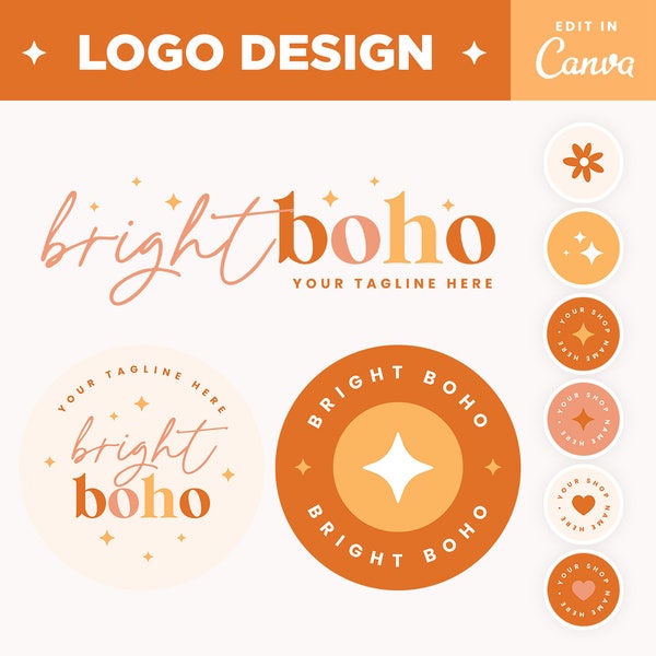 Editable Logo in Bright Boho Beige Brown Orange Fall Autumn Logo Design Customizable Colors Branding Logo Boutique Shop Small Business Logo