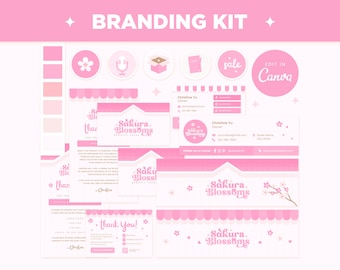 Branding Kit Pink Sakura Cherry Blossoms Canva Template Editable Business Card Thank You Facebook Pinterest Instagram Highlight Youtube SKB