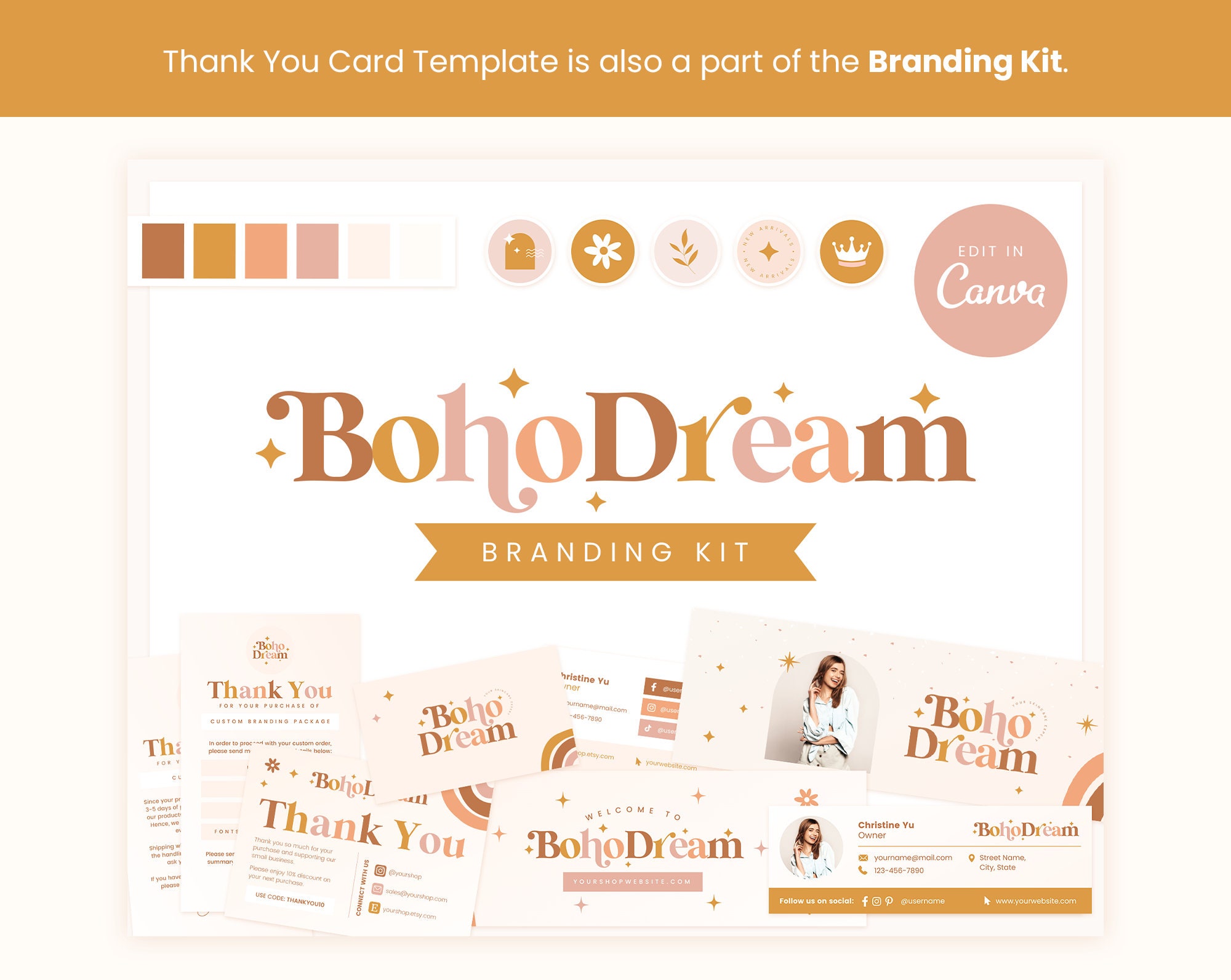 Thank You Card Template Editable in Canva, Boho Rainbow Light Beige ...
