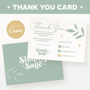 Dankeskartenvorlage Bearbeitbar in Canva, Salbeigrün Botanische Pflanzenästhetik Anpassbare Dankeskartendesign - SSG