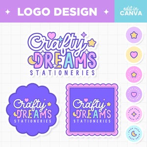 May include: A logo design for a business called "Crafty Dreams Stationeries". The logo features a whimsical font with a pastel color scheme and stars, hearts, and moons. The logo is available in several different variations.