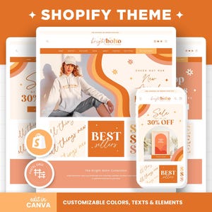 Shopify Theme Boho Bright Orange Customizable Colors Shopify Template Editable Canva Banners Boutique Aesthetic Shopify Shop Design - BBH