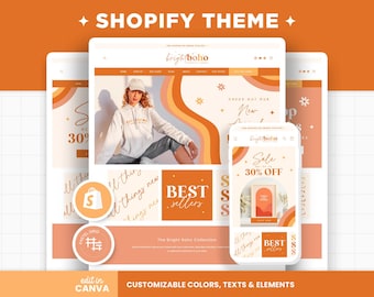 Shopify Theme Boho Bright Orange Customizable Colors Shopify Template Editable Canva Banners Boutique Aesthetic Shopify Shop Design - BBH