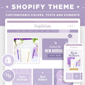 Purple Shopify Theme, Shopify 2.0, Editable Canva Banners, Boutique, Aesthetic Design, Girly, Cute, Pastel Lavender Violet Store Theme