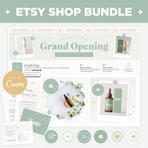 Etsy Shop Bundle - Banner Templates, Listing Photos, and Receipt Banner in Simply Sage Collection, Sage Green Editable Etsy Kit on Canva