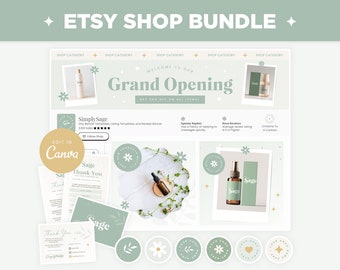 Etsy Shop Bundle - Banner Templates, Listing Photos, and Receipt Banner in Simply Sage Collection, Sage Green Editable Etsy Kit on Canva