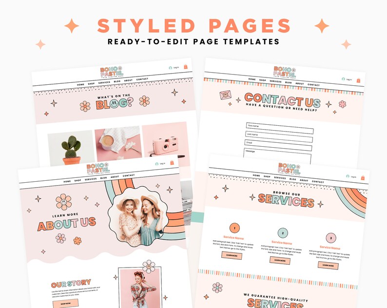 Wix Template in Boho Pastel Rainbow Groovy Cute Wix Website Theme, Editable Canva Customizable Shop Design Templates, Wix Theme Design - BPT image 5