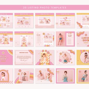 Puede incluir: 20 plantillas de fotos de listado rosa y amarillo para tiendas Etsy. Las plantillas presentan una est&eacute;tica retro de los a&ntilde;os 70 con l&iacute;neas onduladas, flores y un motivo de c&aacute;mara. El texto en las plantillas incluye "Pedido urgente", "Pedido personalizado" y "Recibir&aacute;s".