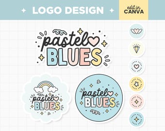 Logotipo editable en colores pastel azul, amarillo, diseño de logotipo con colores personalizables, logotipo de marca para tienda boutique, logotipo de pequeña empresa en colores azules - PTB