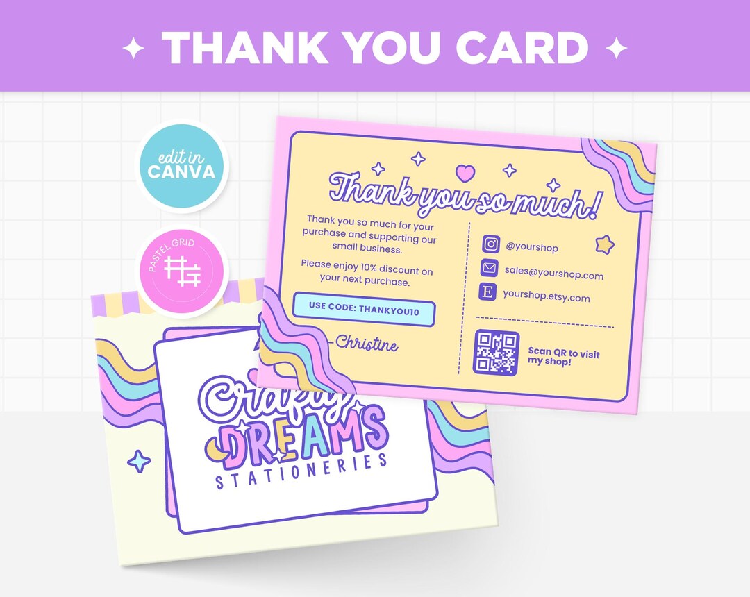 Thank You Card Template Editable in Canva, Purple Pink Blue Bright ...