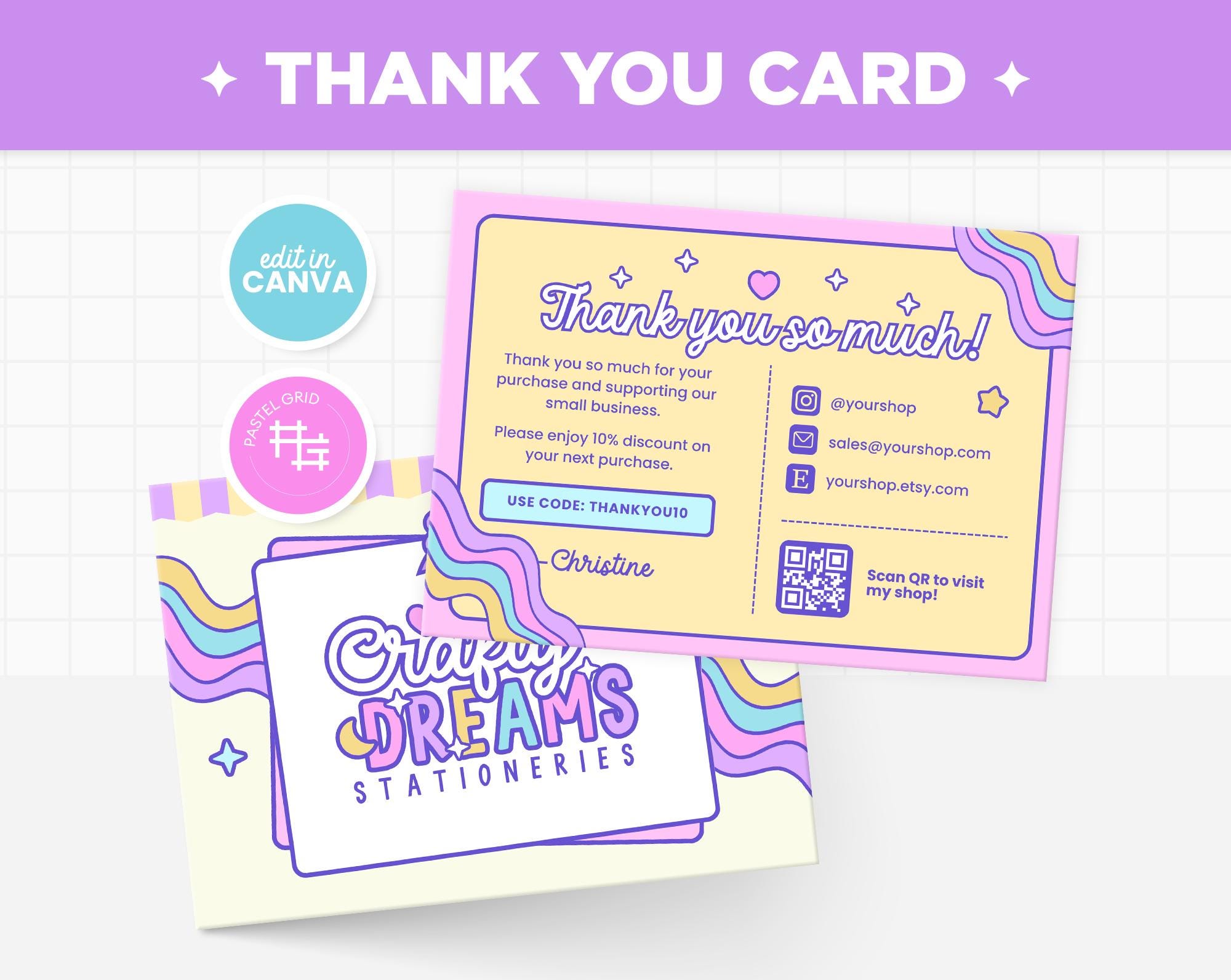 Thank You Card Template Editable in Canva, Purple Pink Blue Bright ...