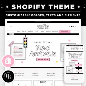 Shopify Theme Black White Pink Customizable Shopify Template Editable Canva Banners Boutique Feminine Bright Aesthetic Cute Design