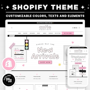 Shopify Theme Black White Pink Customizable Shopify Template Editable Canva Banners Boutique Feminine Bright Aesthetic Cute Design - CBW
