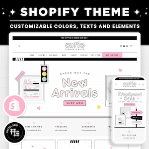 Shopify Theme Black White Pink Customizable Shopify Template Editable Canva Banners Boutique Feminine Bright Aesthetic Cute Design