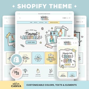 Puede incluir: Un diseño de tema Shopify con un esquema de color azul claro y blanco. El diseño incluye maquetas de sitios web en una tableta y un teléfono, mostrando una tienda con el texto "Newest Arrivals" y "Shop Now". El diseño también incluye el texto "Colores, textos y elementos personalizables".