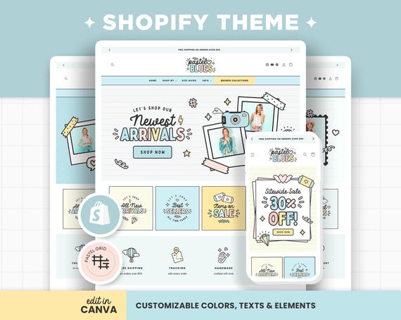 Shopify Theme Blue Pastel Colors Customizable Shopify Template Editable Canva Banners Boutique Aesthetic Shopify Theme Design - PTB