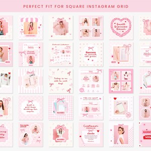 May include: A pink and white grid of Instagram post templates with various designs. The templates feature images of women, bows, hearts, and text. Some of the text includes "Success is earned, not given", "Dreaming Pretty Stuffs", "Small Business Owner", and "Handcrafted with Love".