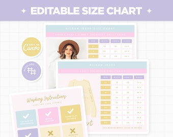 Size Chart and Care Instructions for Gildan 18000, Gildan 18500, Comfort Colors 1717, Canva Editable Template Size Guide