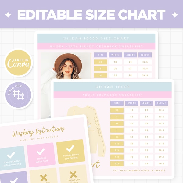 Size Chart and Care Instructions for Gildan 18000, Gildan 18500, Comfort Colors 1717, Canva Editable Template Size Guide