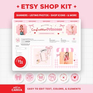 Etsy Shop Banner Templates, Coquette Pink Red Bows Hearts Valentines Etsy Branding Kit Template Editable Canva Banner Etsy Bundles - CQP image 1