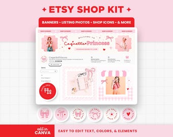 Etsy Shop Banner Templates, Coquette Pink Red Bows Hearts Valentines Etsy Branding Kit Template Editable Canva Banner Etsy Bundles - CQP