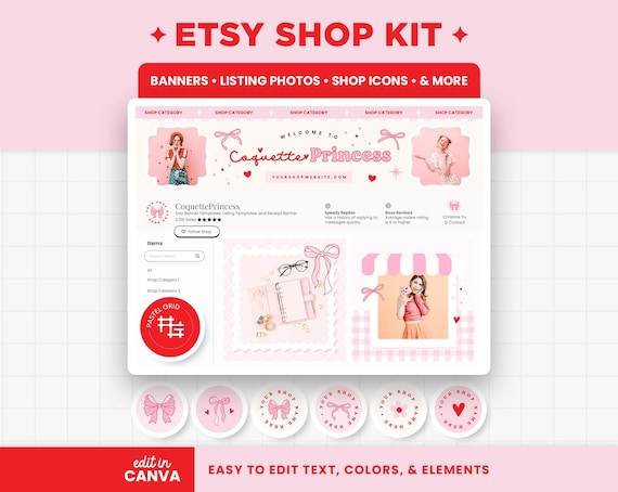 Etsy Shop Banner Templates, Coquette Pink Red Bows Hearts Valentines Etsy Branding Kit Template Editable Canva Banner Etsy Bundles - CQP