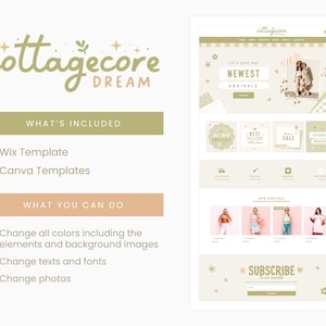 May include: A website mockup for a cottagecore-themed online shop. The website features a light green and pink color scheme with floral accents. The text "Let's Shop Our Newest Arrivals" is displayed in a large font at the top of the page. The website also includes a section for new arrivals, best sellers, and a sale. The website has a subscribe to our emails section at the bottom of the page.