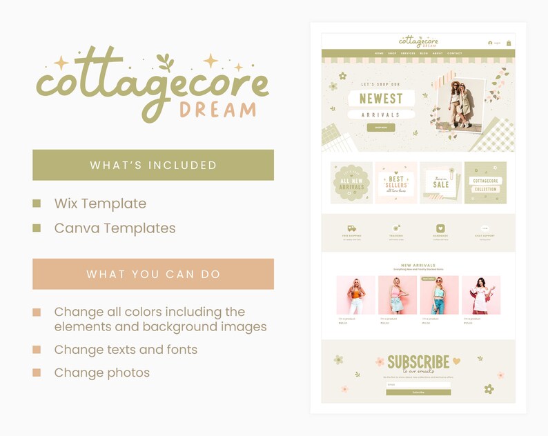 May include: A website mockup for a cottagecore-themed online shop. The website features a light green and pink color scheme with floral accents. The text "Let's Shop Our Newest Arrivals" is displayed in a large font at the top of the page. The website also includes a section for new arrivals, best sellers, and a sale. The website has a subscribe to our emails section at the bottom of the page.
