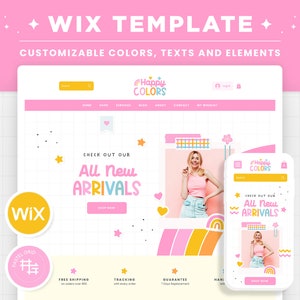 Wix Template in Rainbow Bright Happy Colors Colorful Pink Blue Wix Website Theme, Editable Canva Customizable Web Shop Design Templates HPC