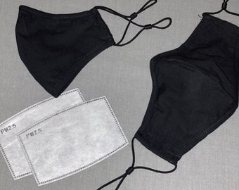Black cotton face mask with adjustable elastic loop, Washable,Reusable, 3 layer, filter pocket