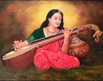 May include: Oil painting of a woman playing a veena, a stringed instrument. She wears a green blouse and a pink sari, adorned with jewelry. A decorative pot sits beside her. The background is a warm blend of browns and yellows.