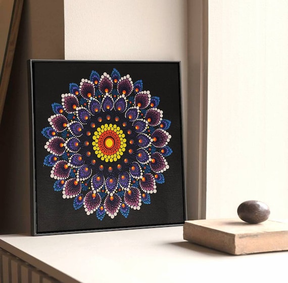 Dot Mandala Art Mandala Tool Painting Handmade Black Background Square Table Frame Colorful Wall Decor Etsy Canada