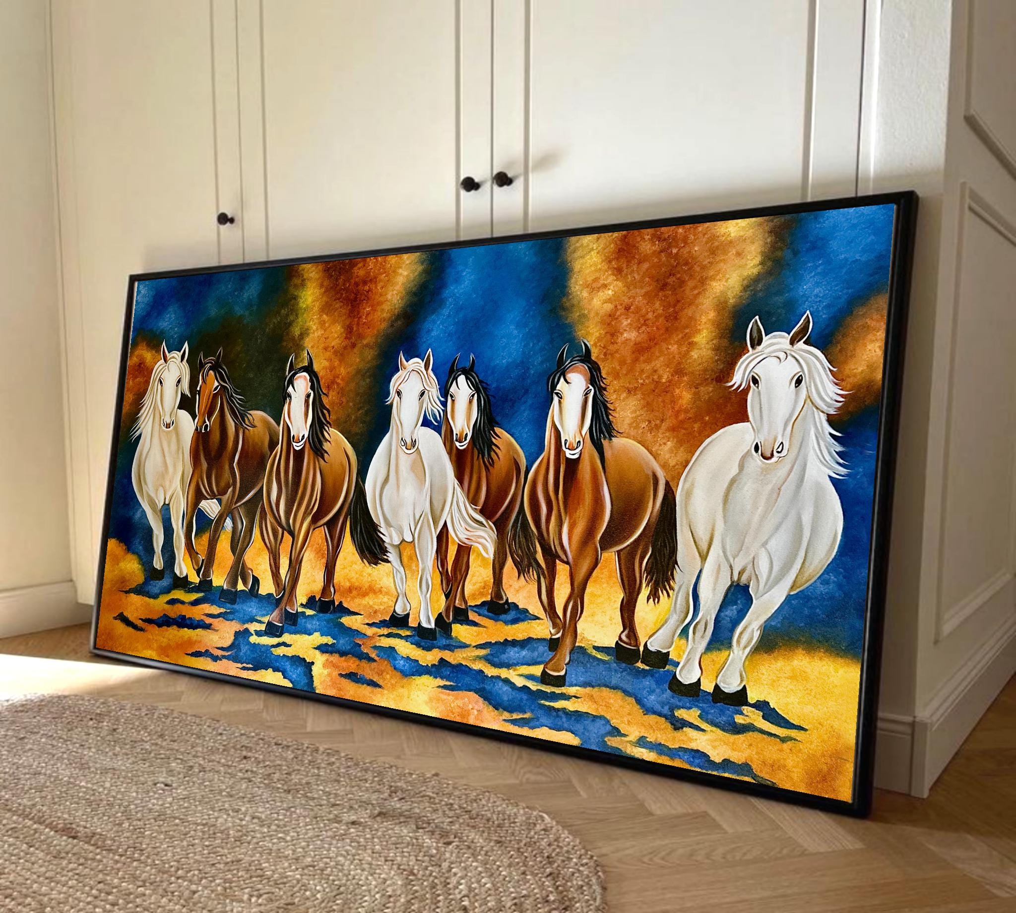 7頭の走る馬の絵画、大型マルチカラーキャンバス、ホーム