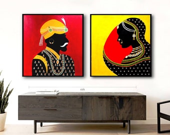 May include: Two framed wall art pieces. One features a silhouette of a man in profile, wearing a yellow turban and ornate jewelry, set against a red background. The other depicts a woman in profile, with a yellow background and a red oval shape.
