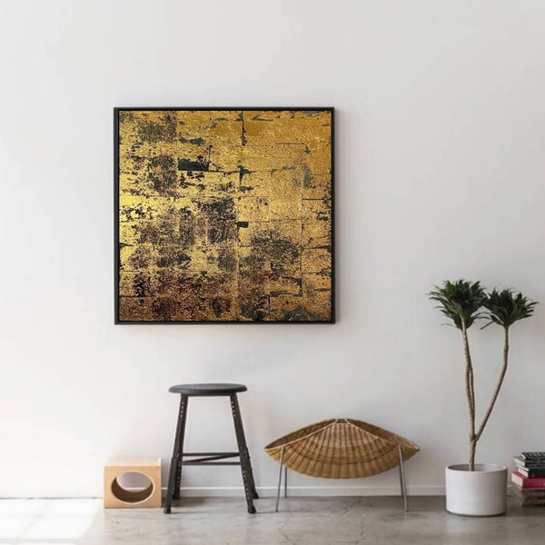 Golden Abstract Painting Gold Leaf Abstract Texture Black ans Gold Simple Abstract Art Living Room / Bedroom / Office / Dinning Area / Lobby