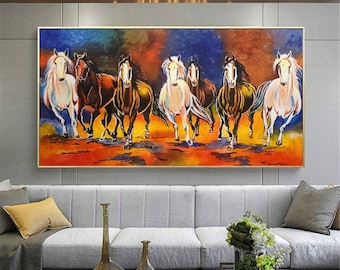 Seven Horses Painting: Smoke Grey, Handmade Canvas Art, Vastu