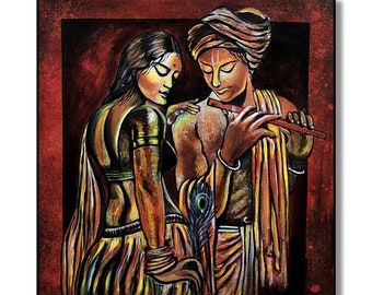 Radha Krishna Painting, Lord Krishna and Radha Art, Indian Traditional Art, Hand painted on Canvas, Room Decor, Hindu Art, God, Religious