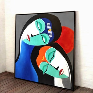 Radha Krishna Painting, Hindu Couple, Indian Religion,Handmade, Radha Krishna Art Canvas, Hindu Wall Art, Wall Decor,Original, God, colorful